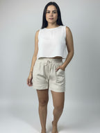 Short de linho Sanfona bolso para fora