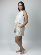 Short de linho Sanfona bolso para fora