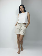 Short de linho Sanfona bolso para fora