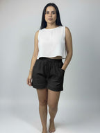 Short de linho Sanfona bolso para fora